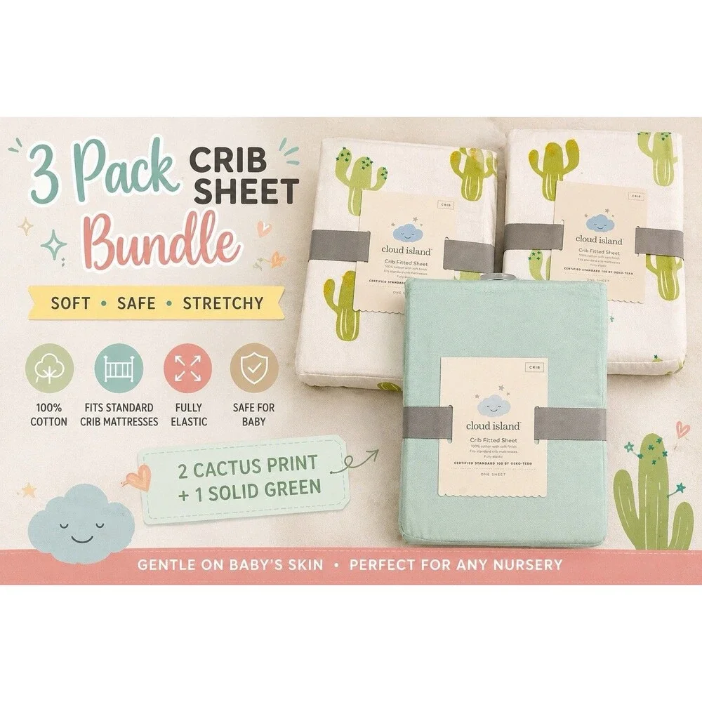 Fitted Crib Sheet Set Cloud Island 100% cotton w soft finish Green Cactus